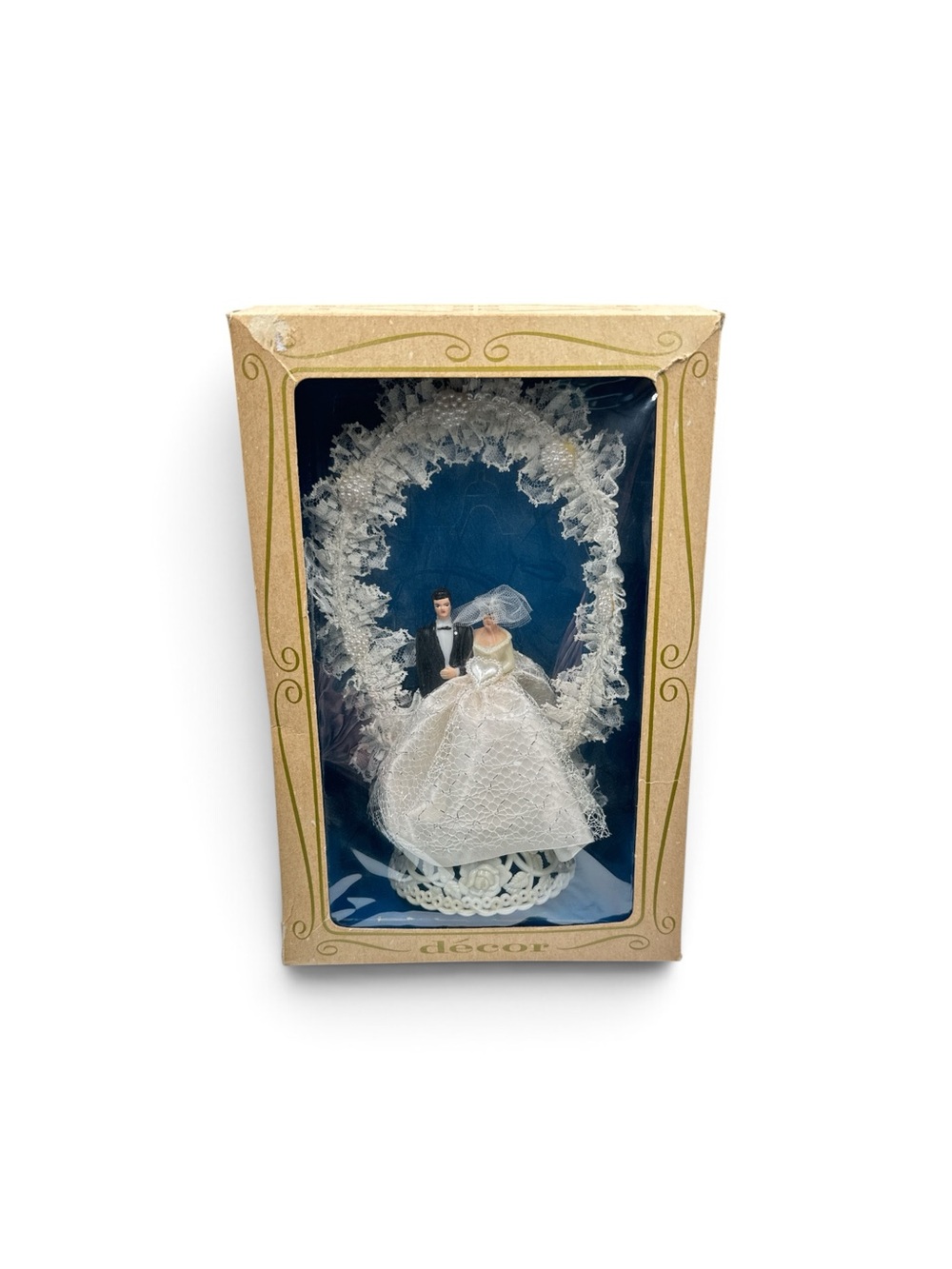 Vintage NOS 1960s Bride Groom Wedding Cake Topper Lace Heart Arch Boxed